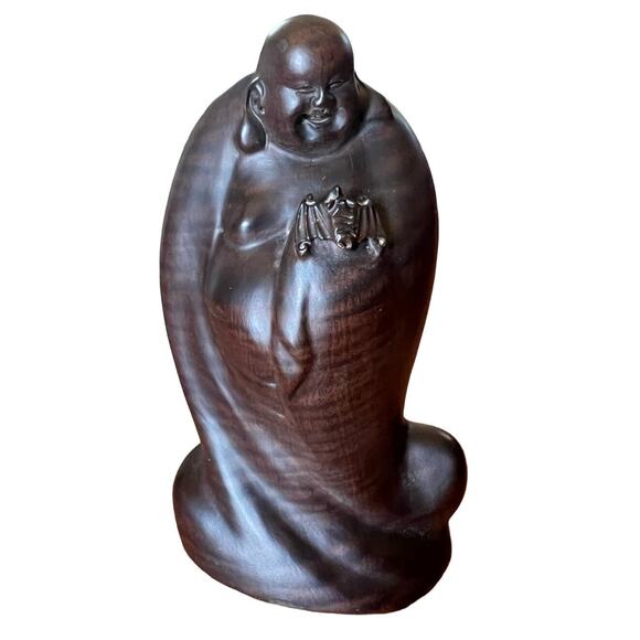 None and/or Unknown Other - Handcarved 7" Sandalwood Chinese Budai/Laughing Buddha Maitreya with Bat